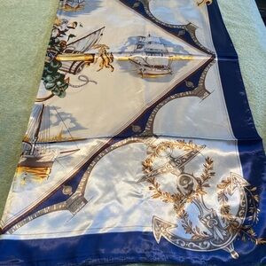 Nautical Satin Scarf Anchor & Ship Print Blue Elegant Wrap 36x47